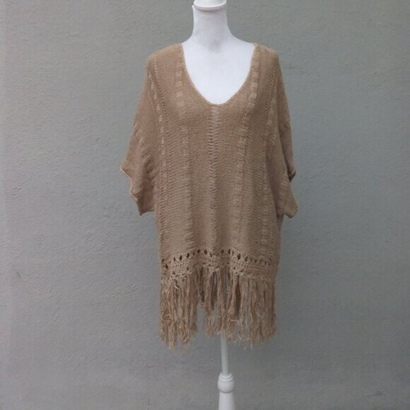Gragham & Spencer Sweater Women's Med Tan Beige Fringe Pullover Bohemian - Picture 2 of 9